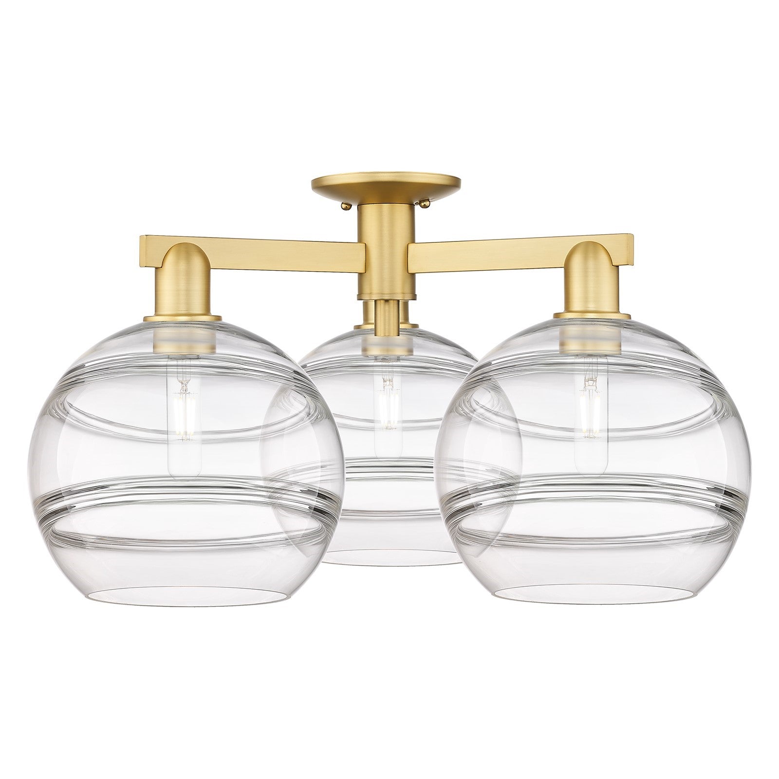 Innovations Rochester 28in 3-Light Semi-Flush Mount | Industrial Satin Gold Steel and Clear Glass | Entryway & Hallway | 27.5 | Model 716-3F-SG-G556-10CL