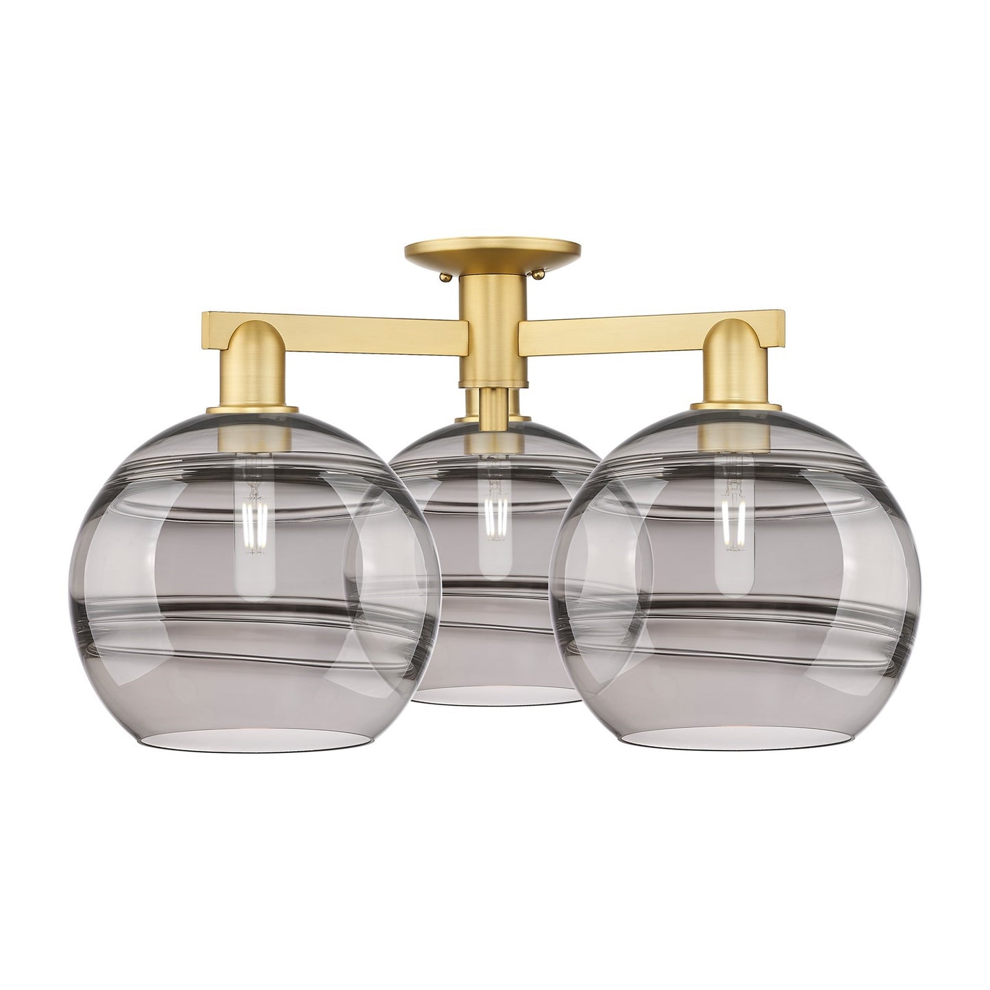 Innovations Rochester 28in 3-Light Semi-Flush Mount | Industrial Satin Gold Steel and Cast Brass with Light Smoke Glass | Model 716-3F-SG-G556-10SM