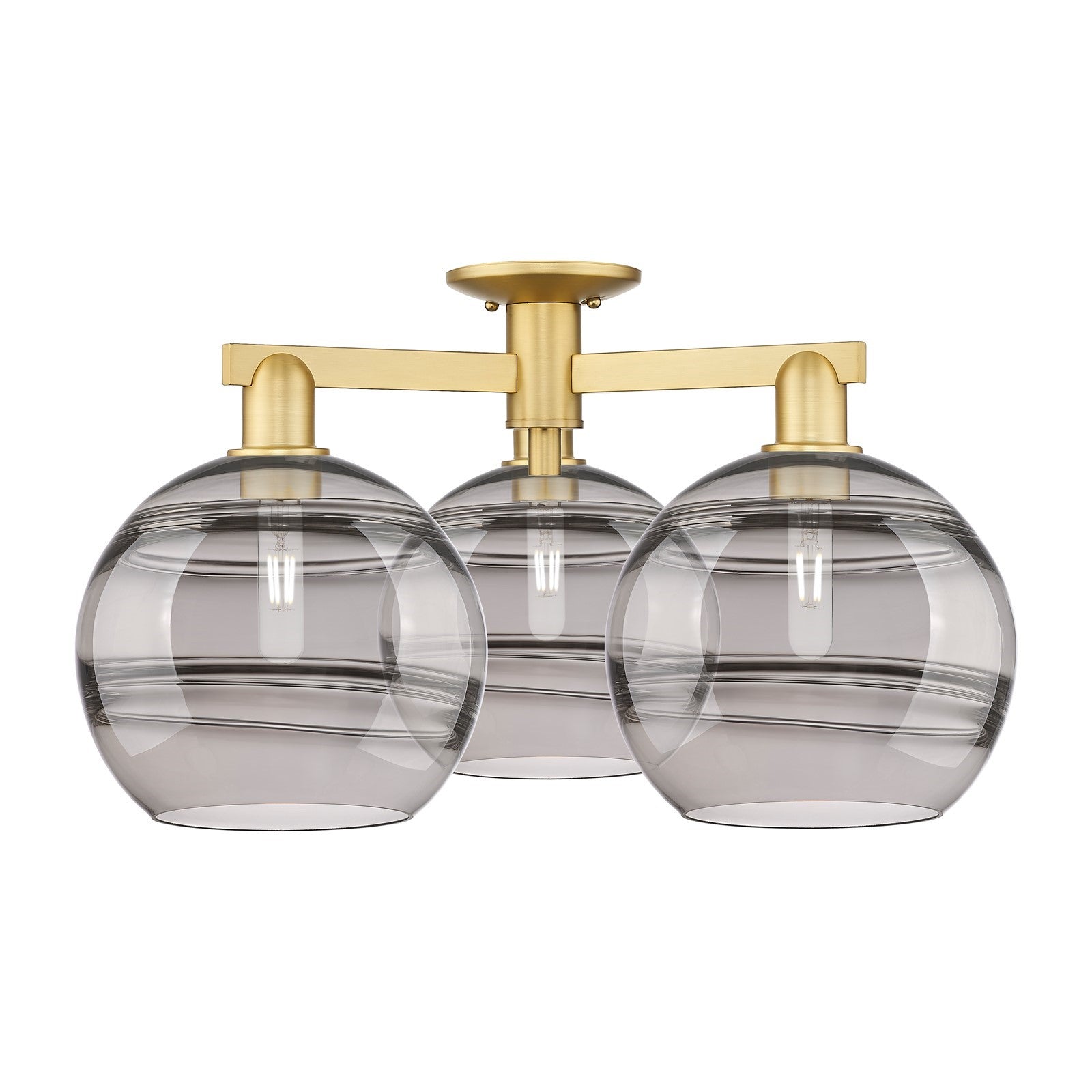 Innovations Rochester 28in 3-Light Semi-Flush Mount | Industrial Satin Gold Steel and Cast Brass with Light Smoke Glass | Model 716-3F-SG-G556-10SM
