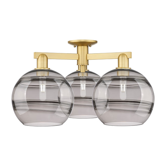 Innovations Rochester 28in 3-Light Semi-Flush Mount | Industrial Satin Gold Steel and Cast Brass with Light Smoke Glass | Model 716-3F-SG-G556-10SM