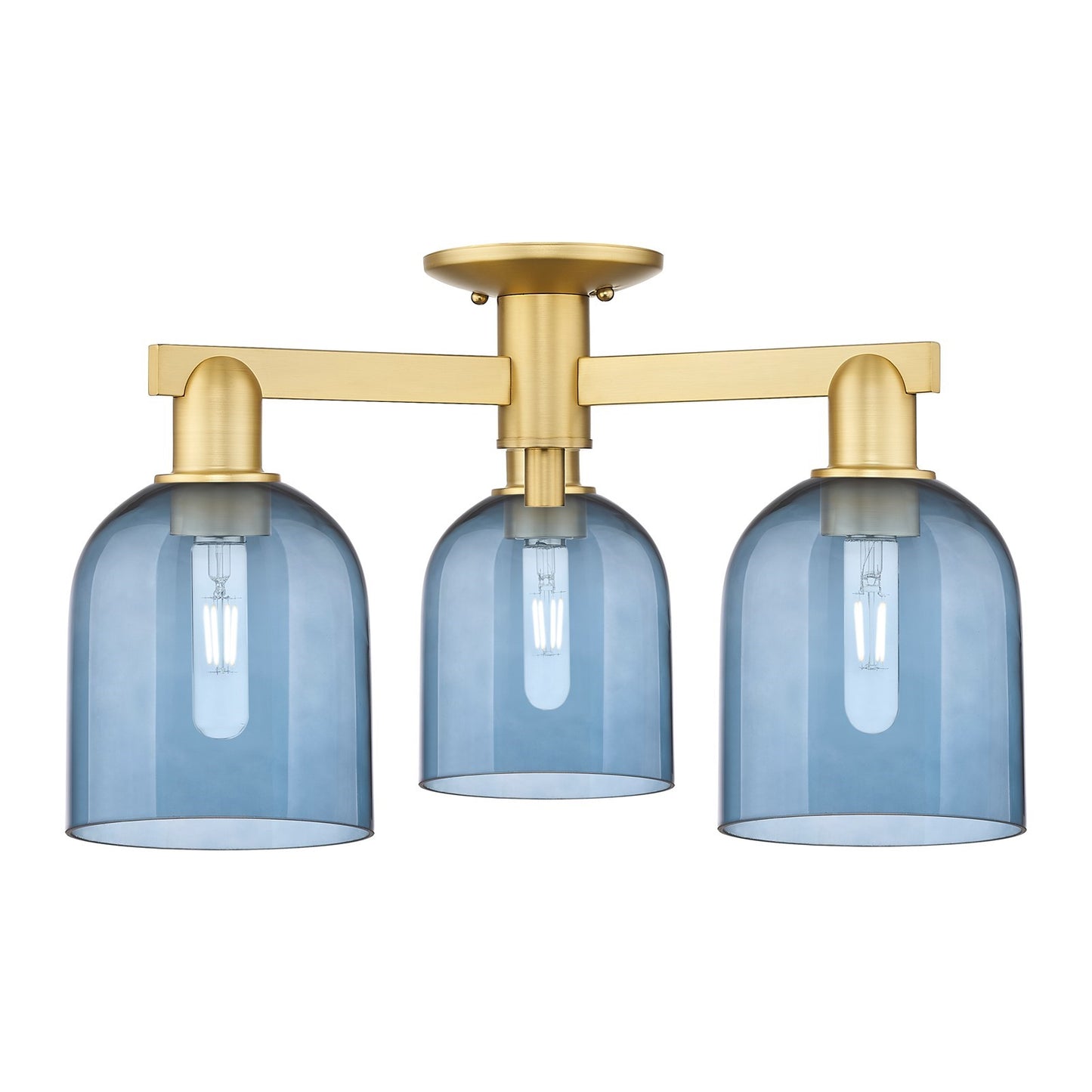 Innovations Bella 23in 3-Light Semi-Flush Mount | Industrial Satin Gold Steel and Blue Glass | Entryway & Hallway | 23 x 23 x | Model 716-3F-SG-G558-6BL