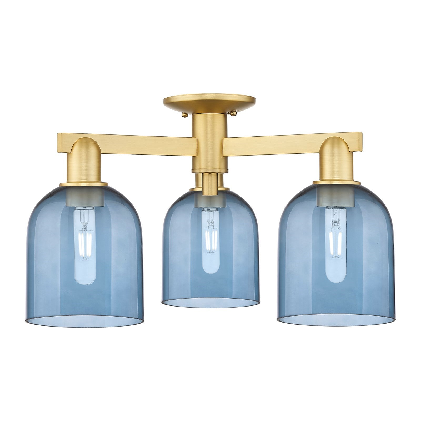 Innovations Bella 23in 3-Light Semi-Flush Mount | Industrial Satin Gold Steel and Blue Glass | Entryway & Hallway | 23 x 23 x | Model 716-3F-SG-G558-6BL