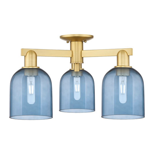 Innovations Bella 23in 3-Light Semi-Flush Mount | Industrial Satin Gold Steel and Blue Glass | Entryway & Hallway | 23 x 23 x | Model 716-3F-SG-G558-6BL