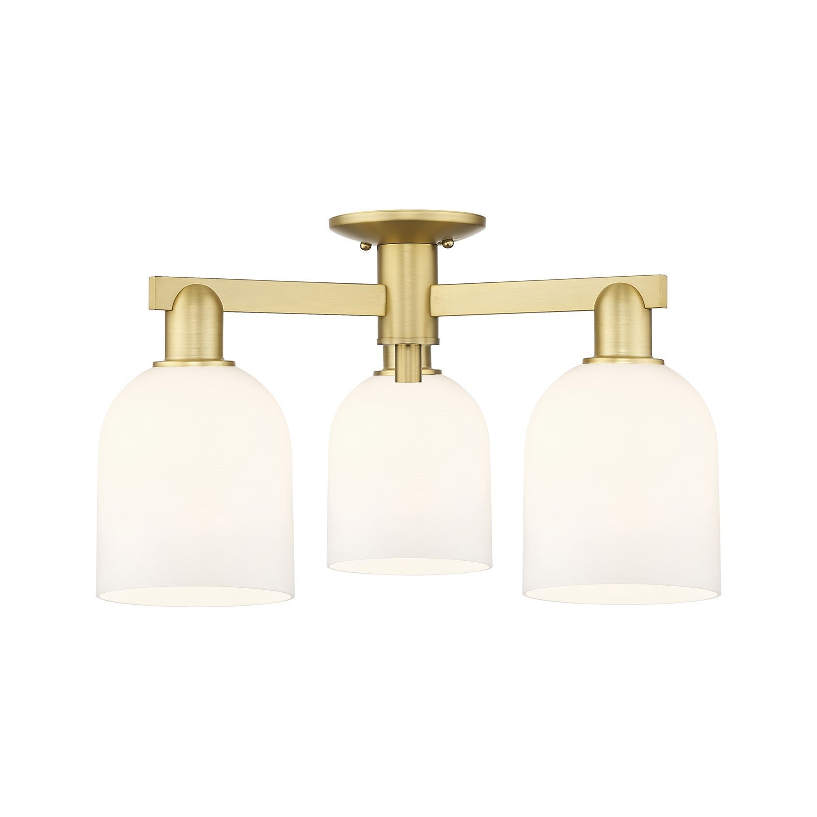 Innovations Bella 23in 3-Light Semi-Flush Mount | Industrial Satin Gold Steel and Cast Brass with White Bell Glass | Living | Model 716-3F-SG-G558-6GWH