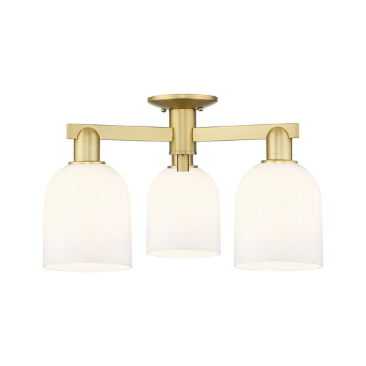 Innovations Bella 23in 3-Light Semi-Flush Mount | Industrial Satin Gold Steel and Cast Brass with White Bell Glass | Living | Model 716-3F-SG-G558-6GWH
