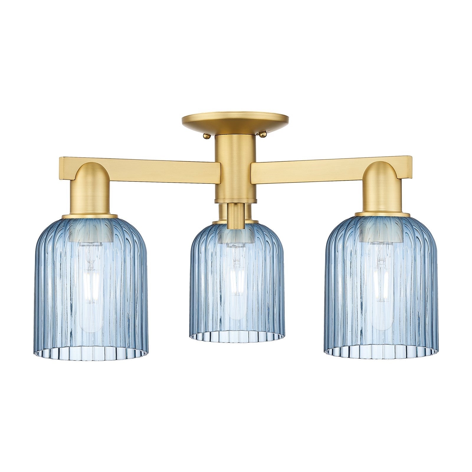 Innovations Bridal Veil 22.5in 3-Light Semi-Flush Mount | Industrial Satin Gold Steel and Princess Blue Ribbed Glass | Entryway | Model 716-3F-SG-G559-5BL