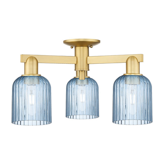 Innovations Bridal Veil 22.5in 3-Light Semi-Flush Mount | Industrial Satin Gold Steel and Princess Blue Ribbed Glass | Entryway | Model 716-3F-SG-G559-5BL