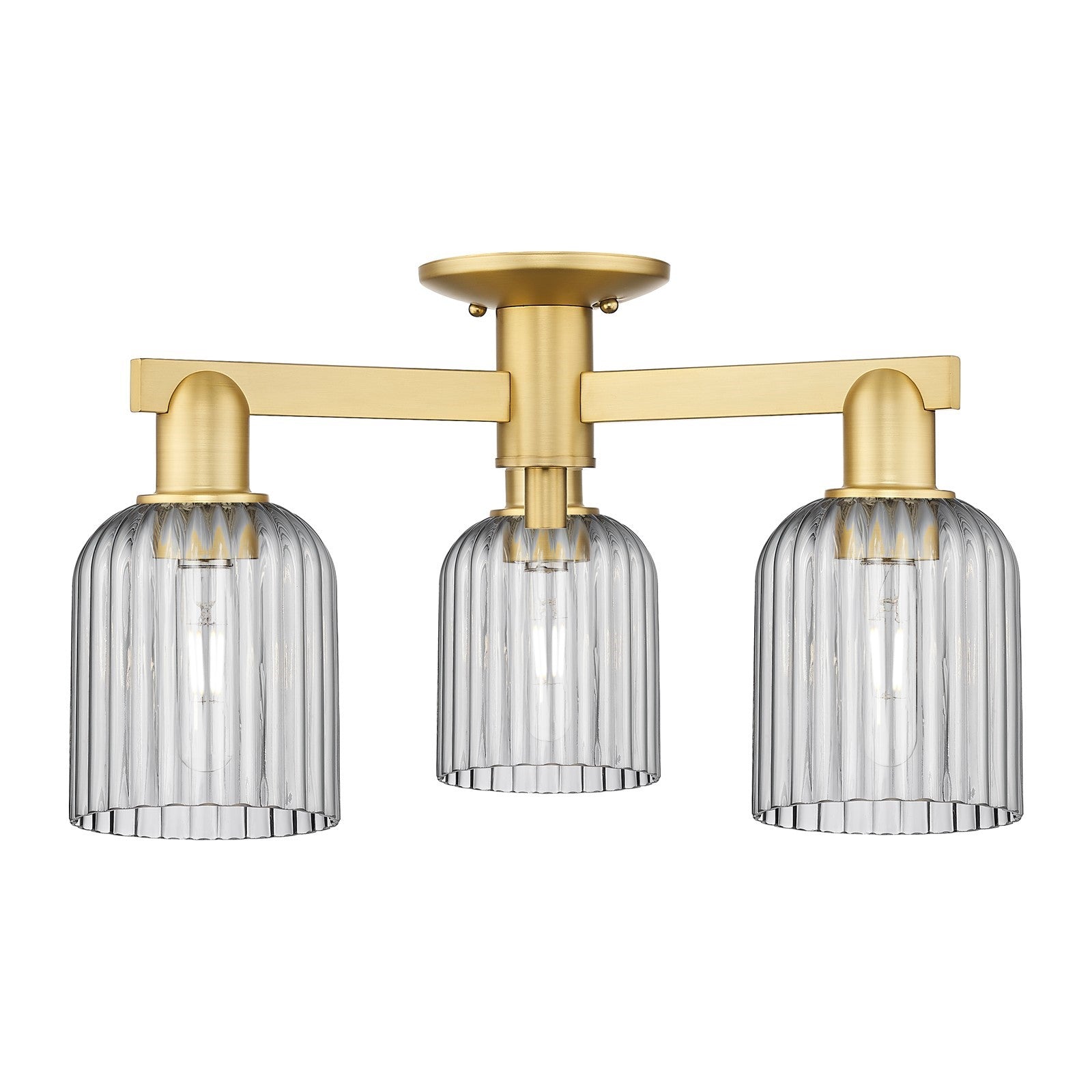 Innovations Bridal Veil 22.5in 3-Light Semi-Flush Mount | Industrial Satin Gold Steel and Light Smoke Ribbed Glass | Living | Model 716-3F-SG-G559-5SM