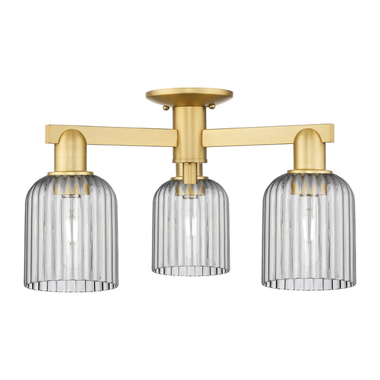 Innovations Bridal Veil 22.5in 3-Light Semi-Flush Mount | Industrial Satin Gold Steel and Light Smoke Ribbed Glass | Living | Model 716-3F-SG-G559-5SM