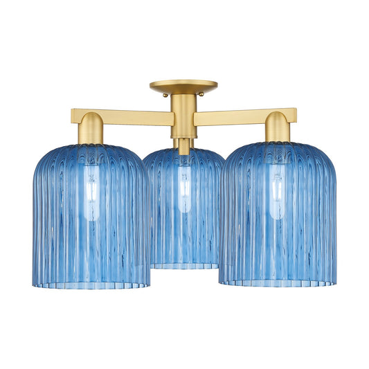 Innovations Bridal Veil 26in 3-Light Semi-Flush Mount | Industrial Satin Gold Steel and Princess Blue Ribbed Glass | Entryway & | Model 716-3F-SG-G559-8BL