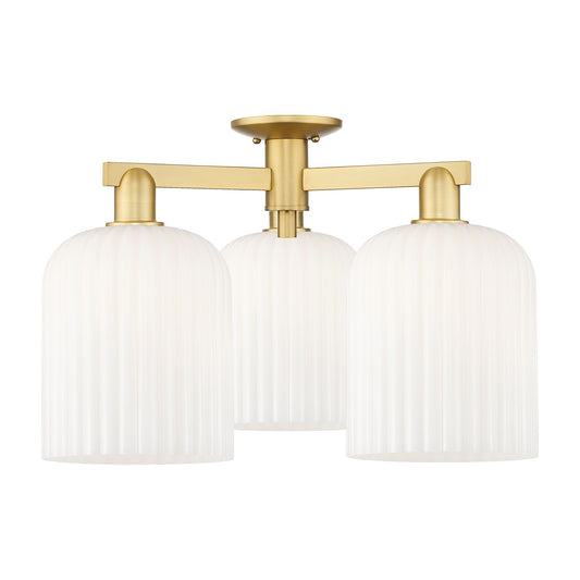 Innovations Bridal Veil 26in 3-Light Semi-Flush Mount | Industrial Satin Gold Steel and Gloss White Ribbed Glass | Entryway & | Model 716-3F-SG-G559-8GWH