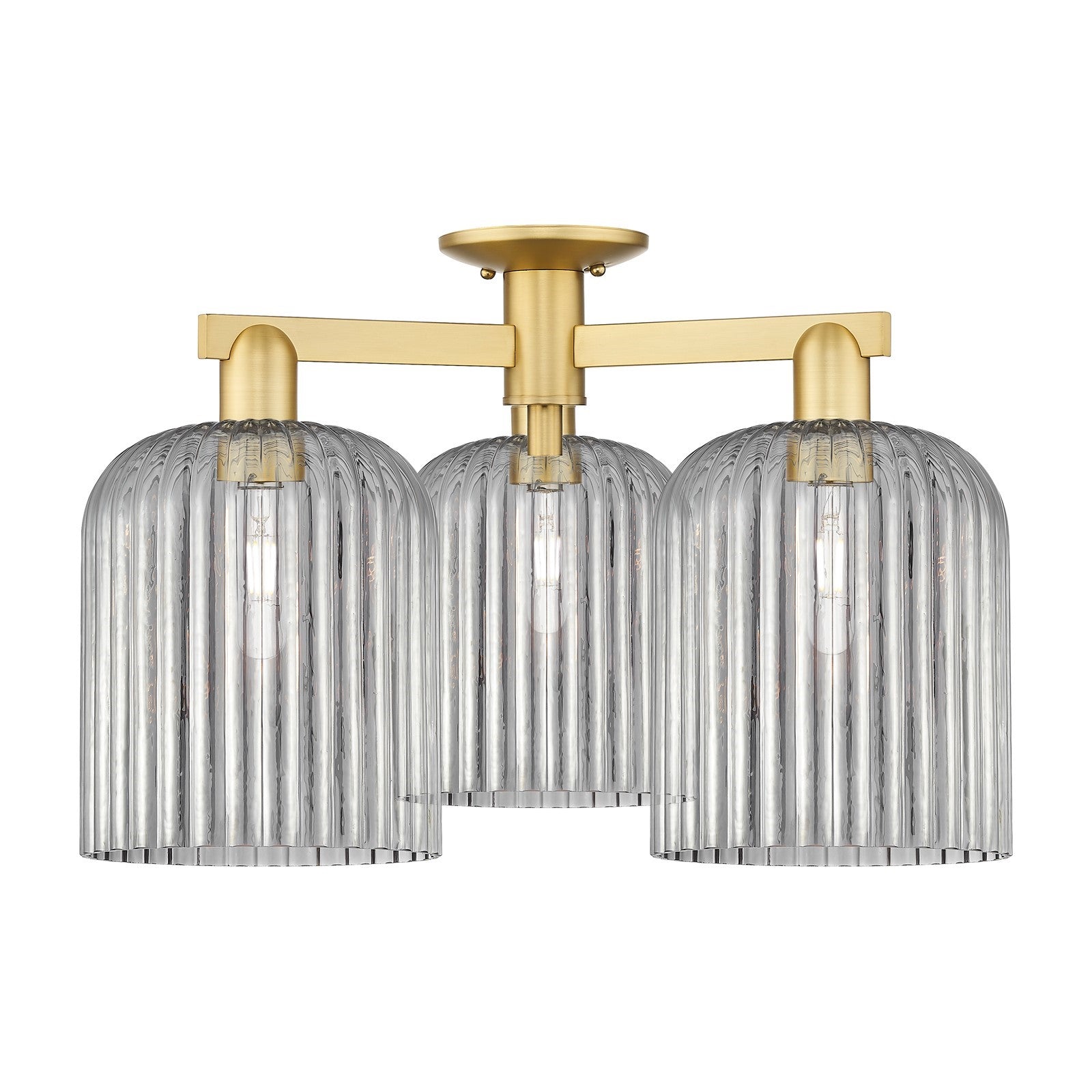 Innovations Bridal Veil 26in 3-Light Semi-Flush Mount | Industrial Satin Gold Steel and Light Smoke Ribbed Glass | Living Room | Model 716-3F-SG-G559-8SM