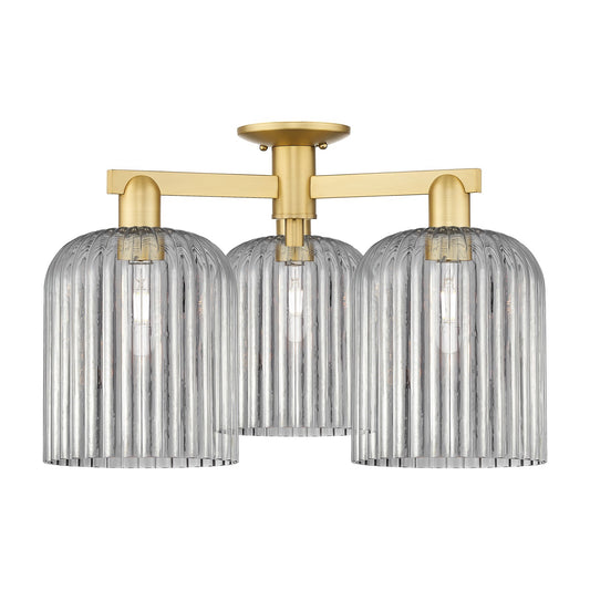 Innovations Bridal Veil 26in 3-Light Semi-Flush Mount | Industrial Satin Gold Steel and Light Smoke Ribbed Glass | Living Room | Model 716-3F-SG-G559-8SM