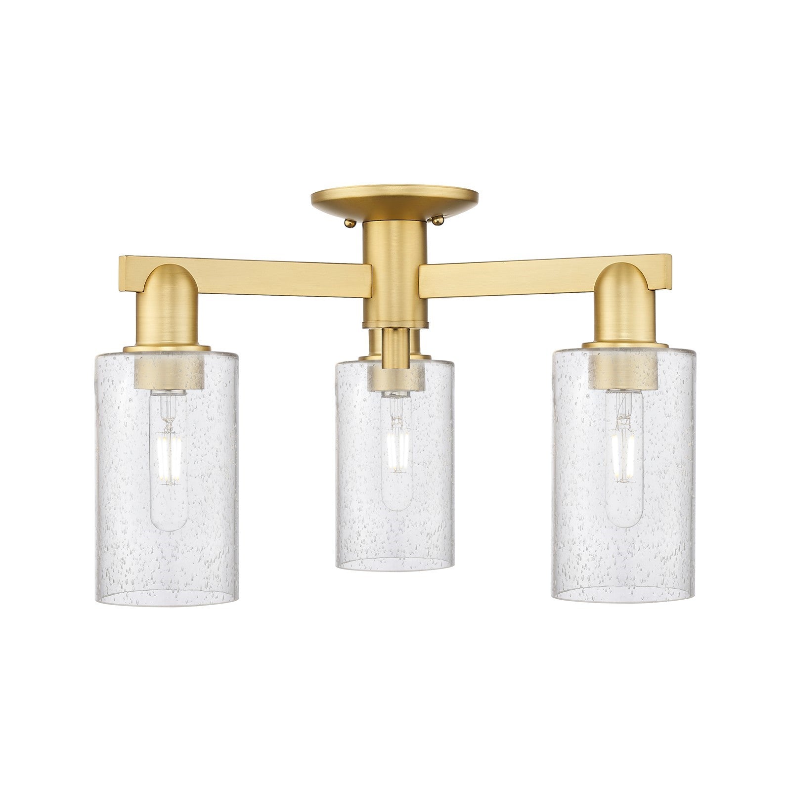Innovations Clymer 21in 3-Light Semi-Flush Mount | Industrial Satin Gold Steel and Cast Brass with Seedy Glass Shade | Entryway & | Model 716-3F-SG-G804