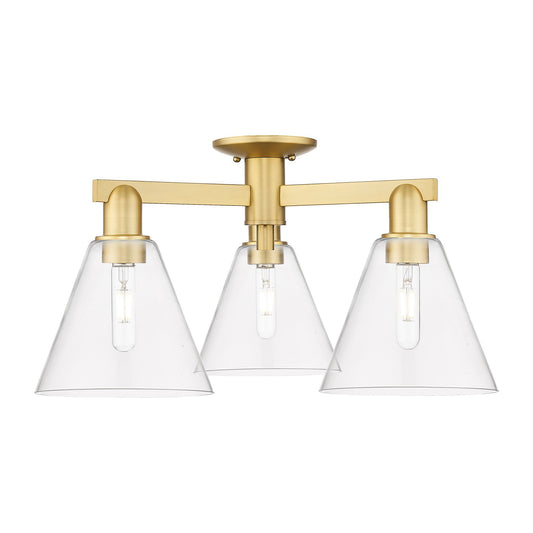 Innovations Berkshire Glass 25.5in 3-Light Semi-Flush Mount | Industrial Satin Gold Steel and Clear Cone Glass | Entryway & | Model 716-3F-SG-GBC-82