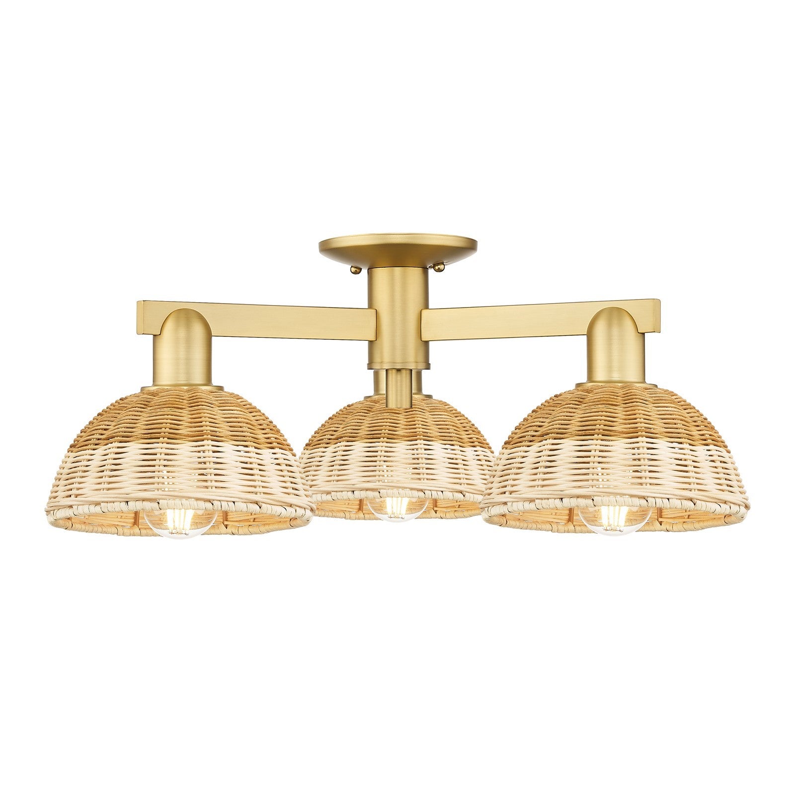 Innovations Natural Ballston Dome 25in 3-Light Semi-Flush Mount | Farmhouse Satin Gold Steel and Natural Fiber Basketweave | Model 716-3F-SG-NBD2-75-NAT