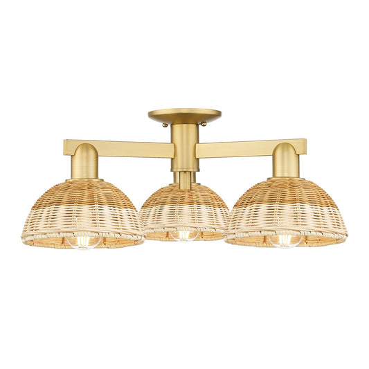 Innovations Natural Ballston Dome 25in 3-Light Semi-Flush Mount | Farmhouse Satin Gold Steel and Natural Fiber Basketweave | Model 716-3F-SG-NBD2-75-NAT
