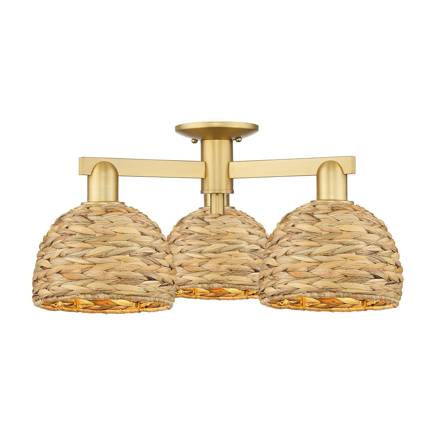 Innovations Woven Rattan 26in 3-Light Semi-Flush Mount | Industrial Satin Gold Steel and Natural Fiber Dome Shade | Living | Model 716-3F-SG-RBD-8-NAT