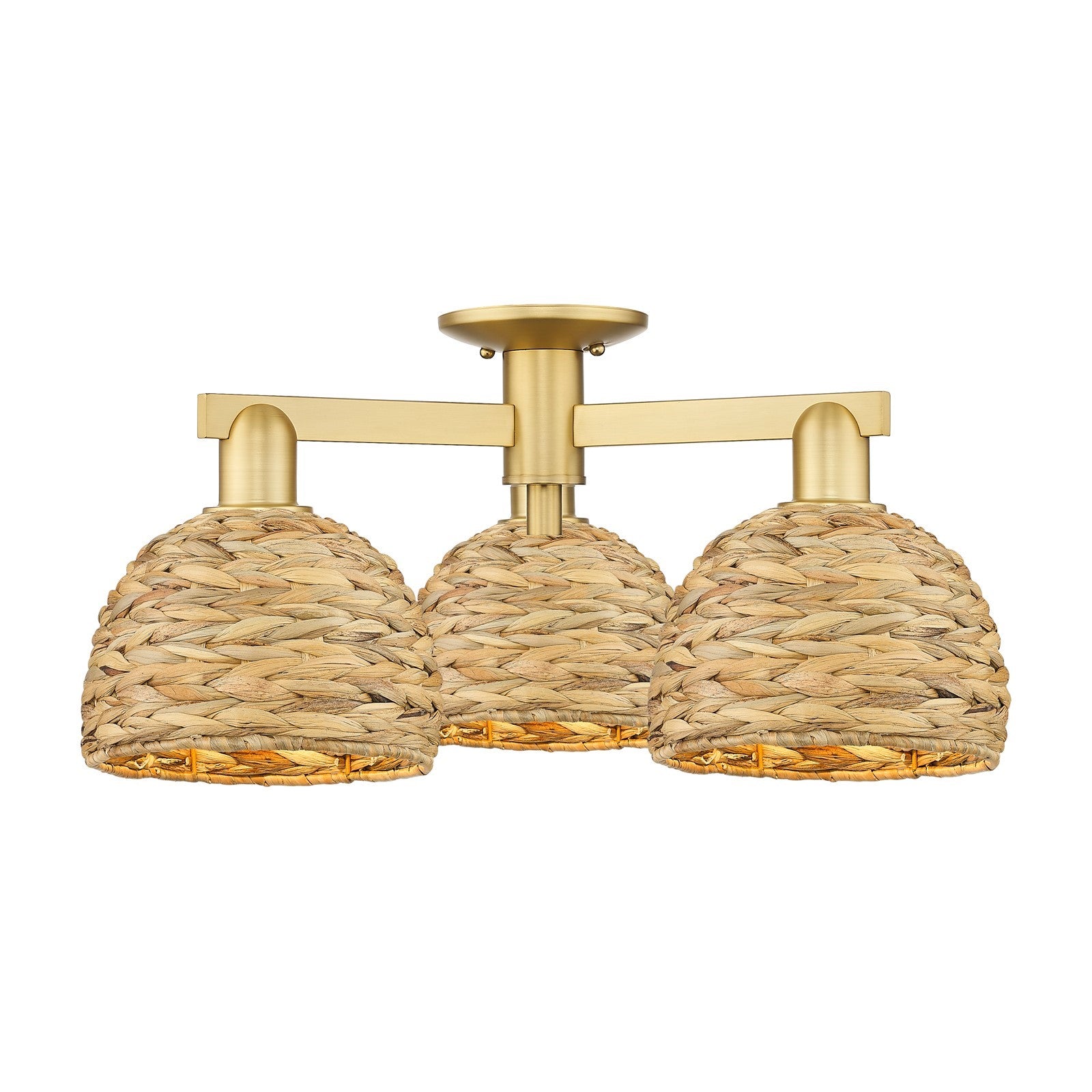 Innovations Woven Rattan 26in 3-Light Semi-Flush Mount | Industrial Satin Gold Steel and Natural Fiber Dome Shade | Living | Model 716-3F-SG-RBD-8-NAT
