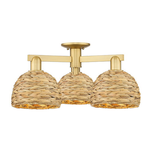 Innovations Woven Rattan 26in 3-Light Semi-Flush Mount | Industrial Satin Gold Steel and Natural Fiber Dome Shade | Living | Model 716-3F-SG-RBD-8-NAT