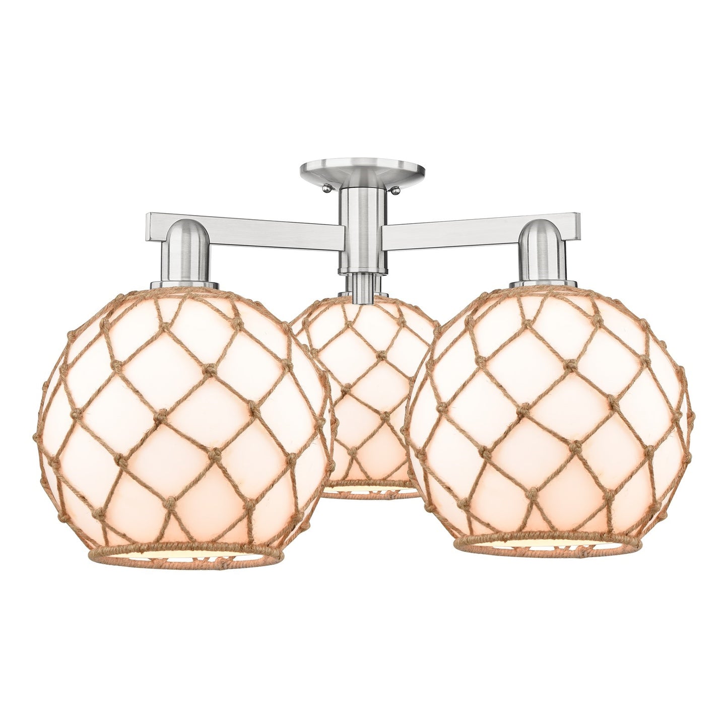 Innovations Farmhouse Rope 28in 3-Light Semi-Flush Mount | Industrial Brushed Satin Nickel and Matte White Glass with Brown | Model 716-3F-SN-G121-10RB