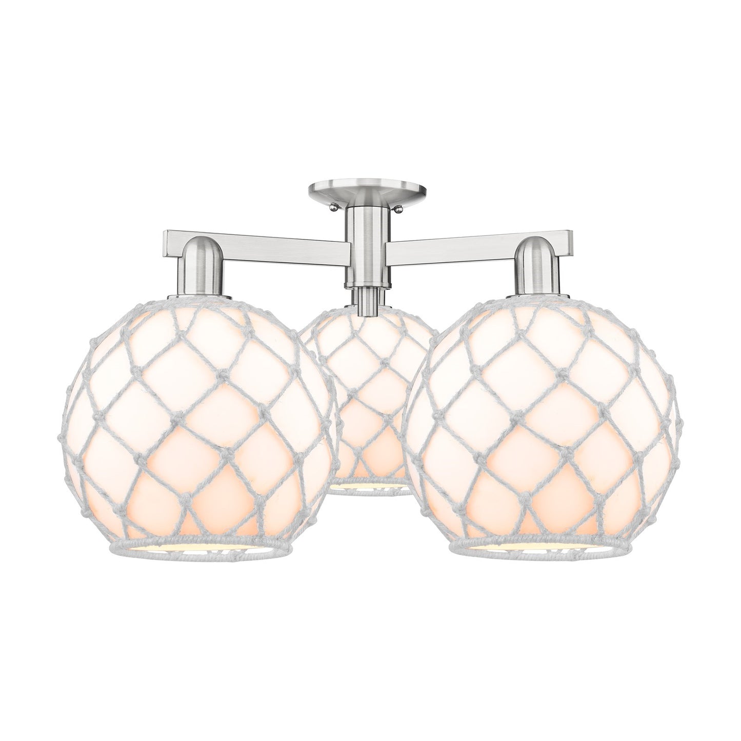 Innovations Farmhouse Rope 28in 3-Light Semi-Flush Mount | Industrial Brushed Satin Nickel and White Glass with Rope | Kitchen | Model 716-3F-SN-G121-10RW