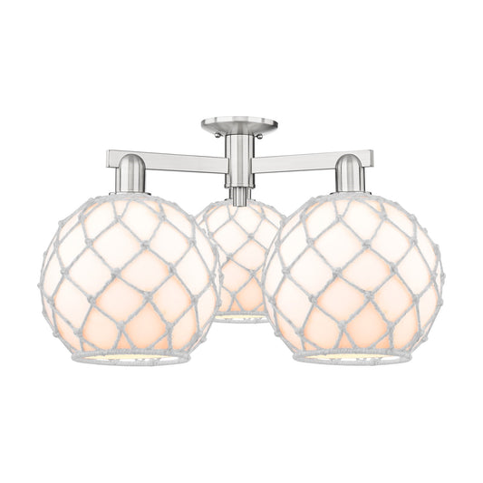 Innovations Farmhouse Rope 28in 3-Light Semi-Flush Mount | Industrial Brushed Satin Nickel and White Glass with Rope | Kitchen | Model 716-3F-SN-G121-10RW
