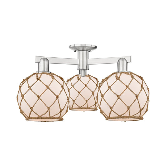 Innovations Farmhouse Rope 26in 3-Light Semi-Flush Mount | Industrial Brushed Satin Nickel and White Glass with Brown Rope | Model 716-3F-SN-G121-8RB