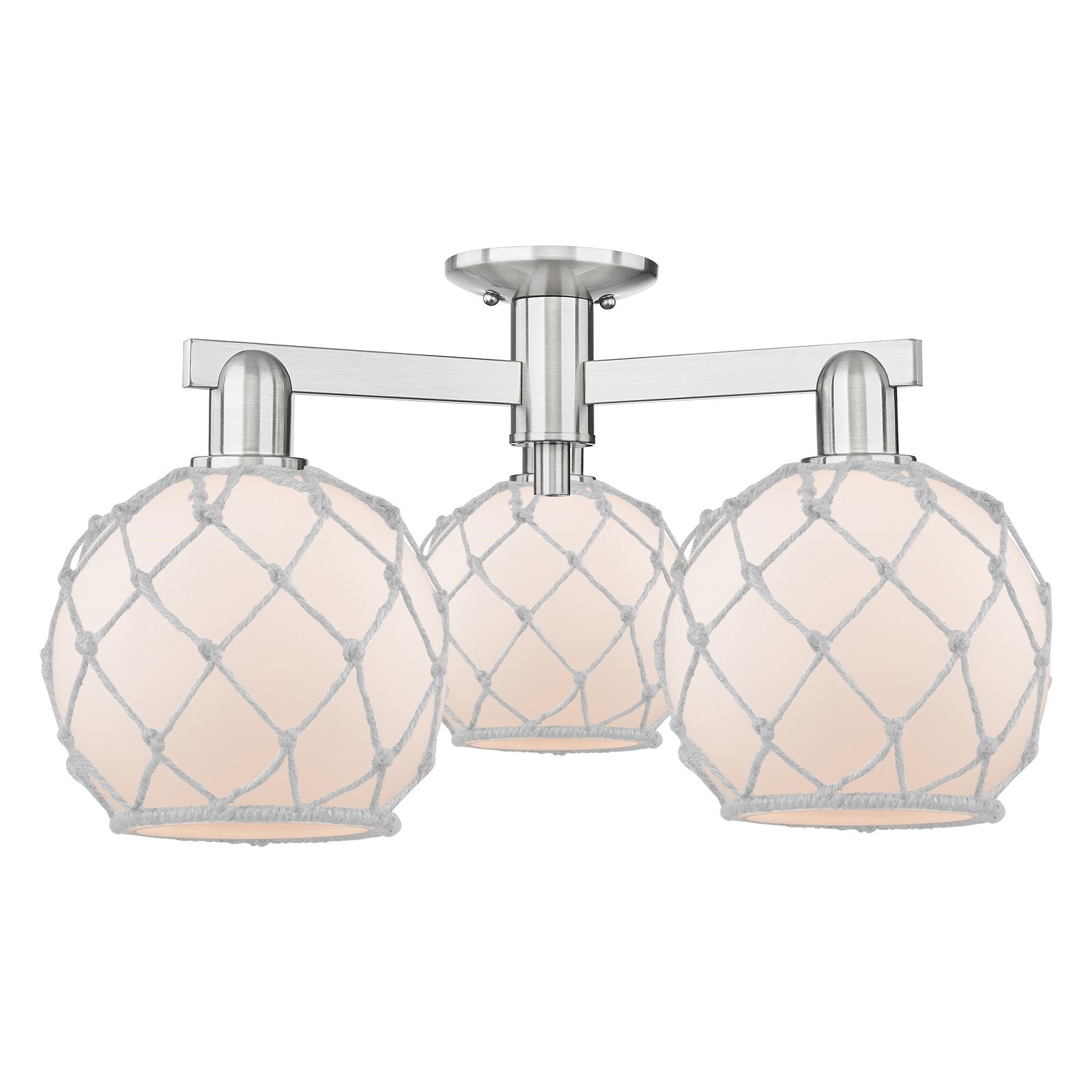 Innovations Farmhouse Rope 26in 3-Light Semi-Flush Mount | Industrial Brushed Satin Nickel and White Glass with Rope Shade | Model 716-3F-SN-G121-8RW