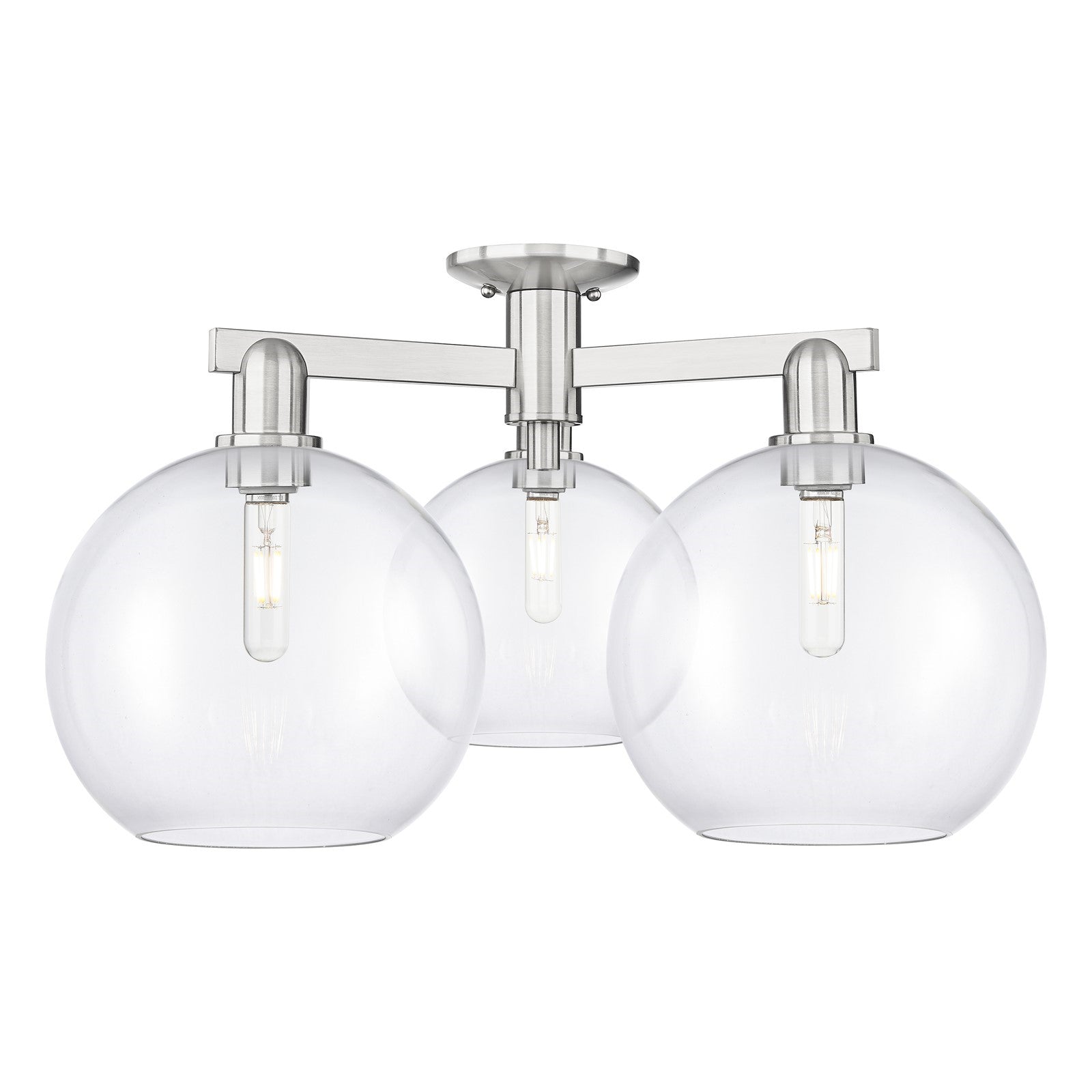 Innovations Athens 28in 3-Light Semi-Flush Mount | Industrial Brushed Satin Nickel Steel and Clear Glass | Entryway & Hallway | Model 716-3F-SN-G122-10