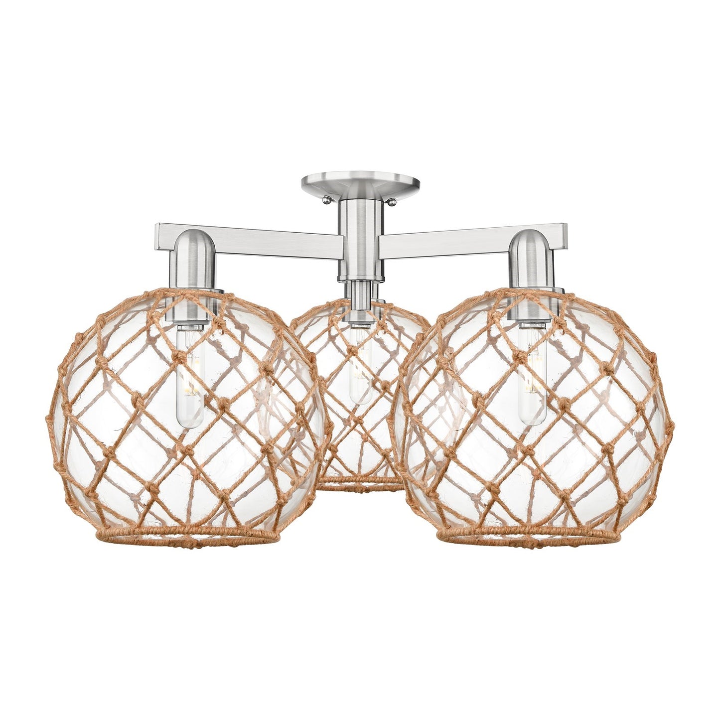 Innovations Farmhouse Rope 28in 3-Light Semi-Flush Mount | Industrial Brushed Satin Nickel Steel and Clear Glass with Brown | Model 716-3F-SN-G122-10RB