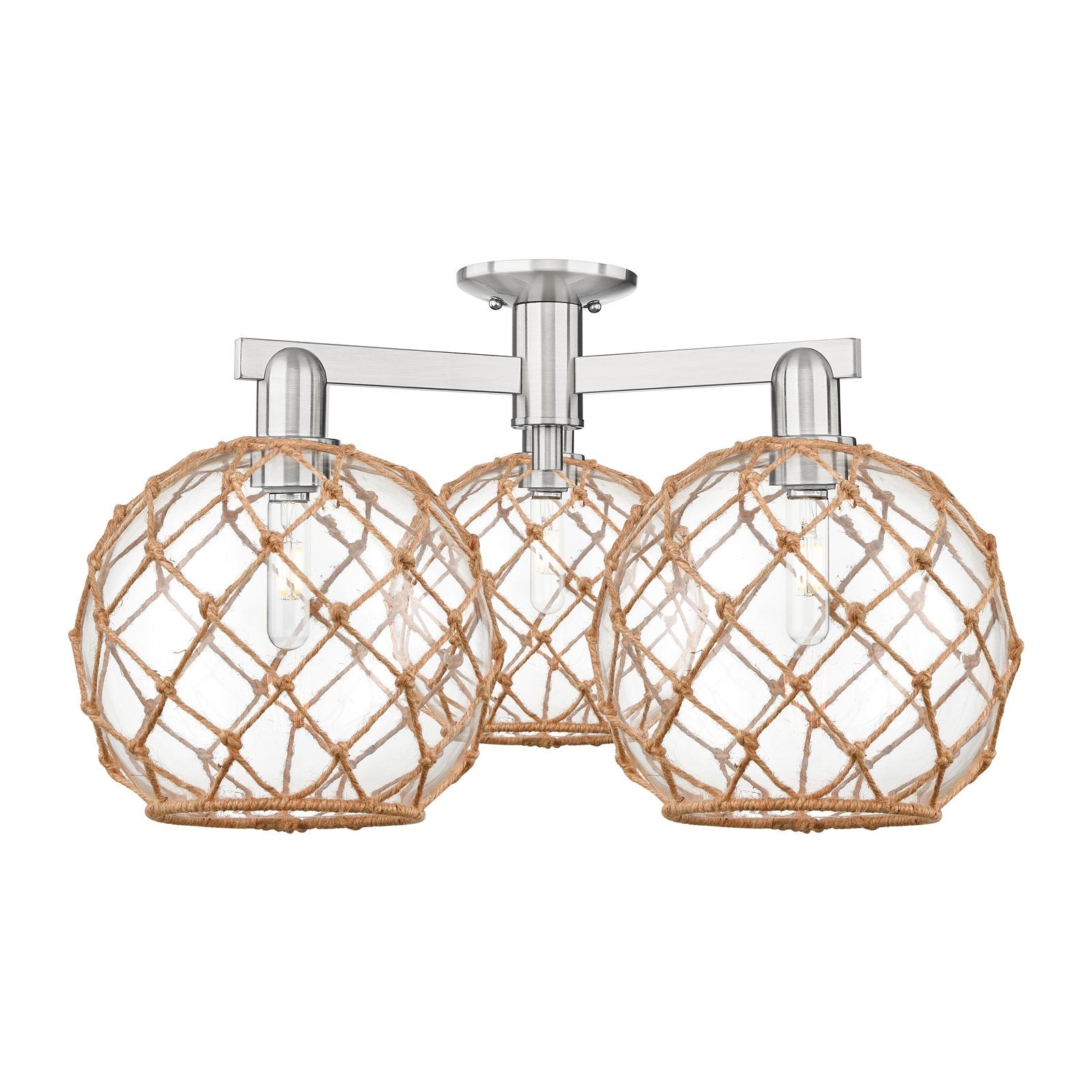 Innovations Farmhouse Rope 28in 3-Light Semi-Flush Mount | Industrial Brushed Satin Nickel Steel and Clear Glass with Brown | Model 716-3F-SN-G122-10RB