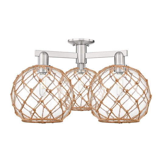 Innovations Farmhouse Rope 28in 3-Light Semi-Flush Mount | Industrial Brushed Satin Nickel Steel and Clear Glass with Brown | Model 716-3F-SN-G122-10RB