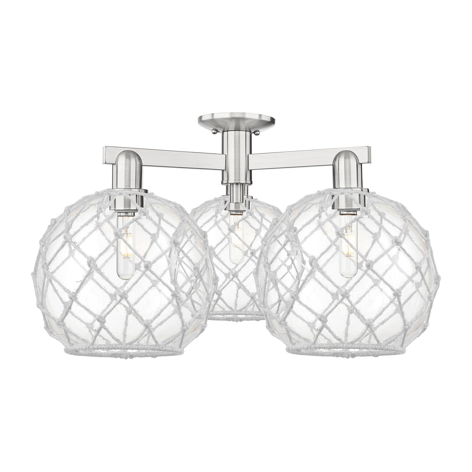 Innovations Farmhouse Rope 28in 3-Light Semi-Flush Mount | Industrial Brushed Satin Nickel and Clear Glass with White Rope | Model 716-3F-SN-G122-10RW