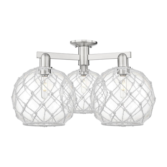 Innovations Farmhouse Rope 28in 3-Light Semi-Flush Mount | Industrial Brushed Satin Nickel and Clear Glass with White Rope | Model 716-3F-SN-G122-10RW
