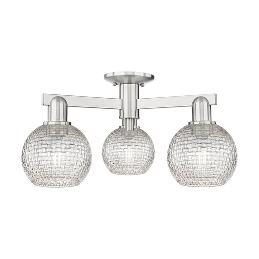 Innovations Athens 23in 3-Light Semi-Flush Mount | Industrial Brushed Satin Nickel and Clear Basket Weave Glass | Entryway & | Model 716-3F-SN-G122C-6CL