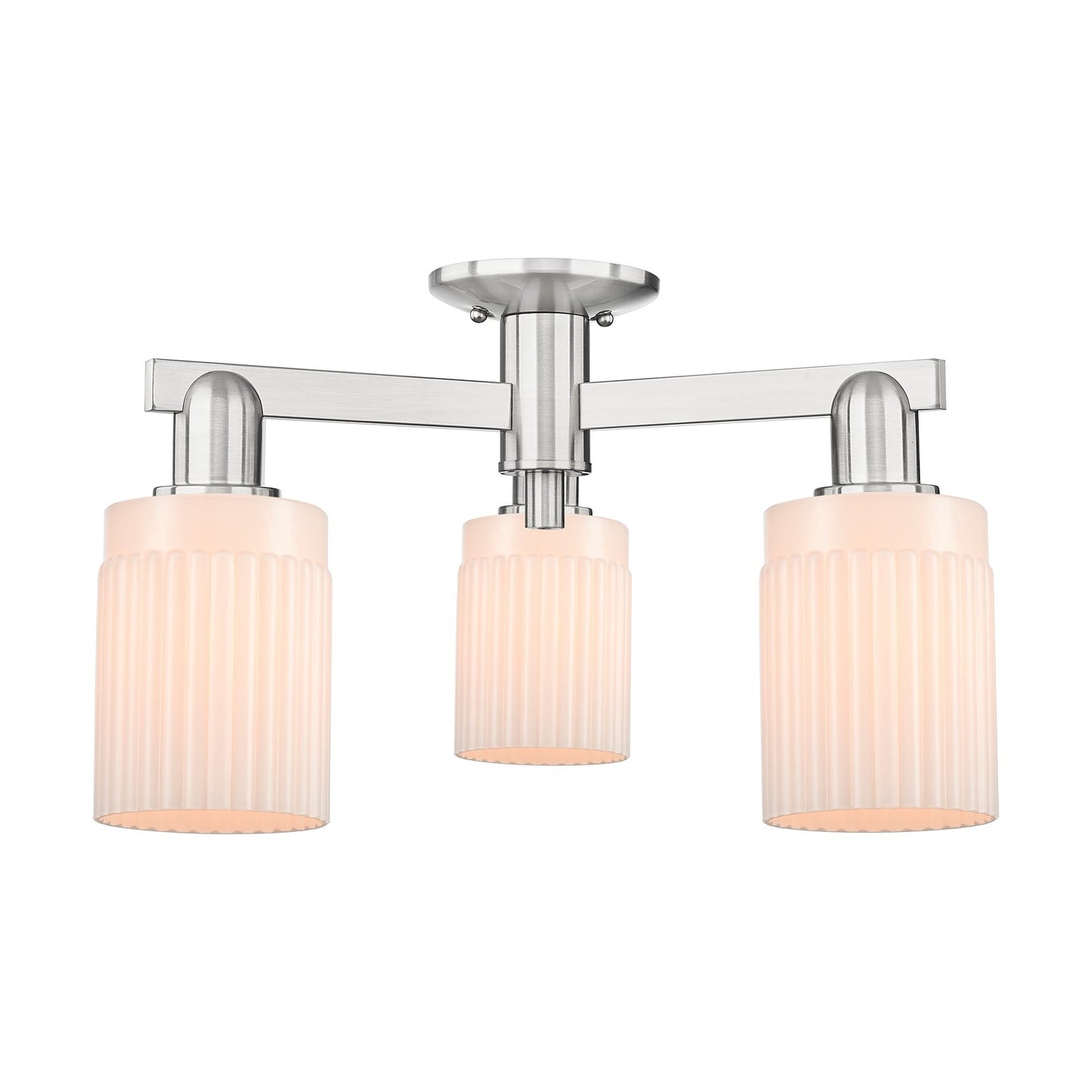 Innovations Hadley 22in 3-Light Semi-Flush Mount | Industrial Brushed Satin Nickel and Matte White Ribbed Glass | Kitchen & Hallway | Model 716-3F-SN-G341