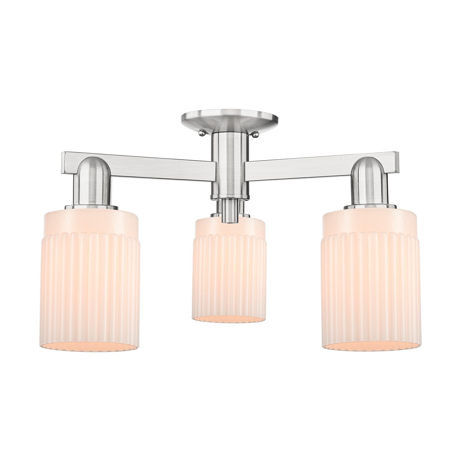 Innovations Hadley 22in 3-Light Semi-Flush Mount | Industrial Brushed Satin Nickel and Matte White Ribbed Glass | Kitchen & Hallway | Model 716-3F-SN-G341
