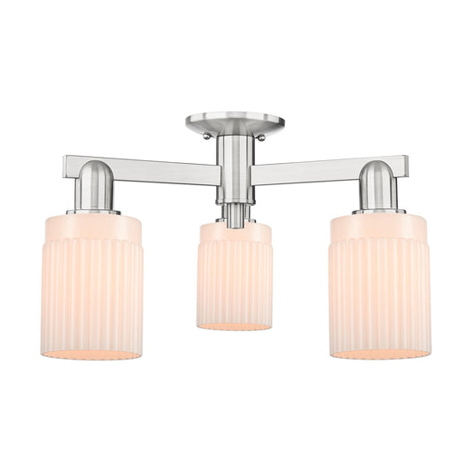 Innovations Hadley 22in 3-Light Semi-Flush Mount | Industrial Brushed Satin Nickel and Matte White Ribbed Glass | Kitchen & Hallway | Model 716-3F-SN-G341