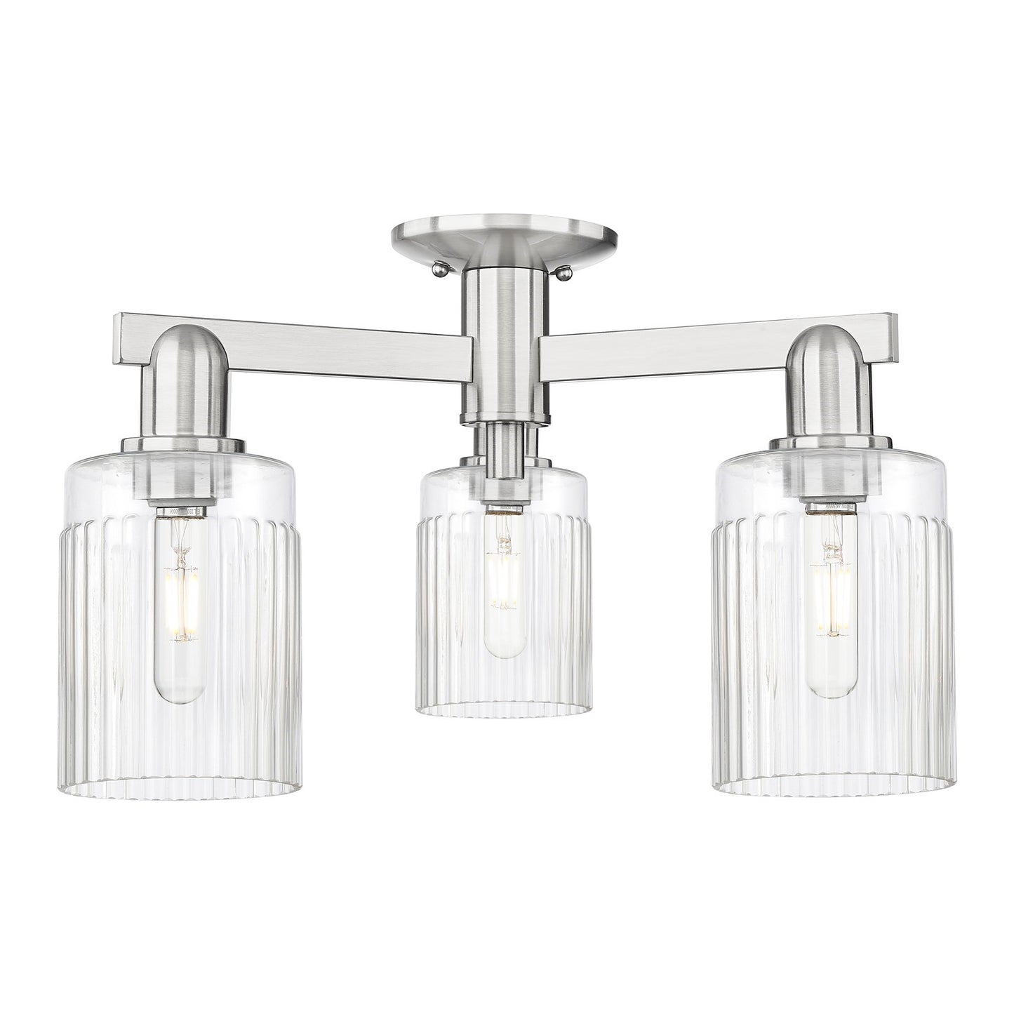 Innovations Hadley 22in 3-Light Semi-Flush Mount | Industrial Brushed Satin Nickel Steel and Clear Ribbed Glass | Kitchen & Hallway | Model 716-3F-SN-G342