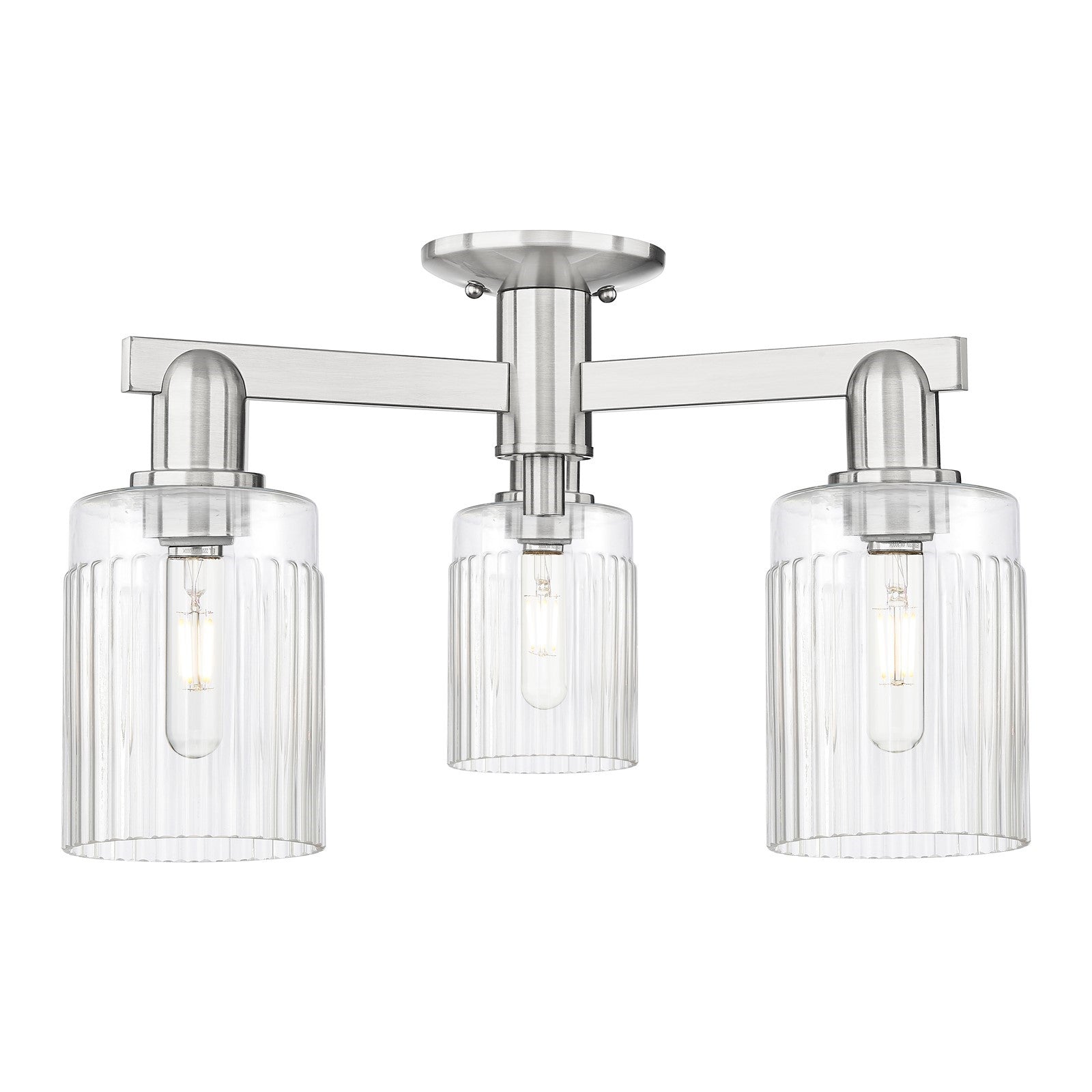Innovations Hadley 22in 3-Light Semi-Flush Mount | Industrial Brushed Satin Nickel Steel and Clear Ribbed Glass | Kitchen & Hallway | Model 716-3F-SN-G342