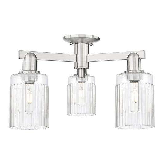 Innovations Hadley 22in 3-Light Semi-Flush Mount | Industrial Brushed Satin Nickel Steel and Clear Ribbed Glass | Kitchen & Hallway | Model 716-3F-SN-G342
