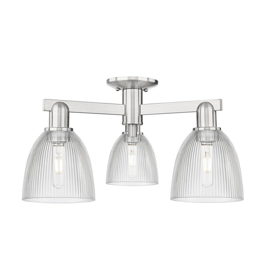 Innovations Castile 24in 3-Light Semi-Flush Mount | Industrial Brushed Satin Nickel Steel and Clear Glass | Damp-Rated Hallway & | Model 716-3F-SN-G382