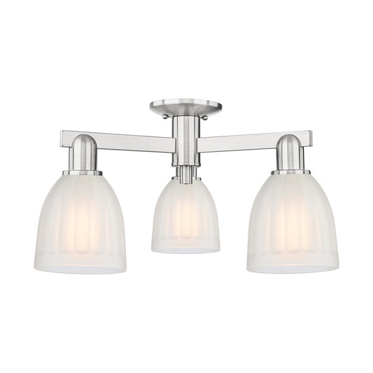 Innovations Brookfield 23in 3-Light Semi-Flush Mount | Industrial Brushed Satin Nickel and White Frosted Ribbed Glass | Living Room | Model 716-3F-SN-G441