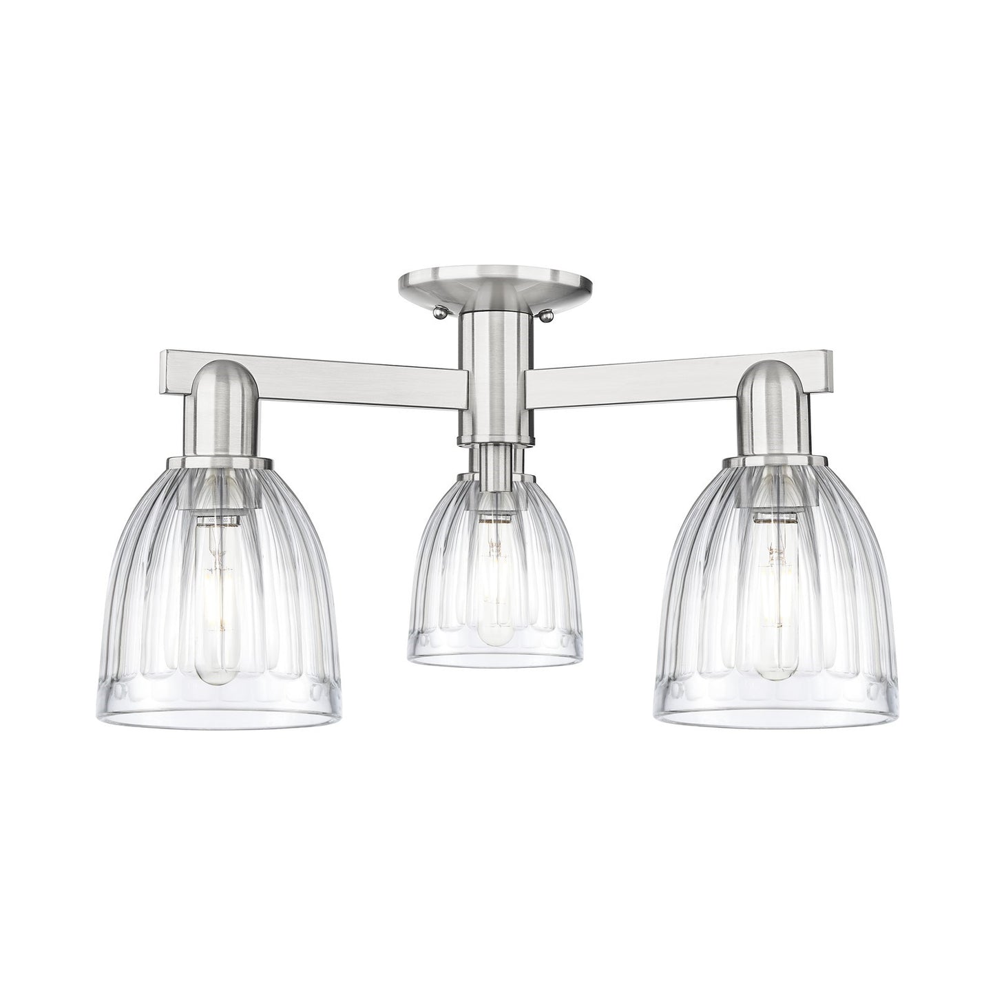 Innovations Brookfield 23in 3-Light Semi-Flush Mount | Industrial Brushed Satin Nickel Steel and Clear Ribbed Glass | Entryway & | Model 716-3F-SN-G442