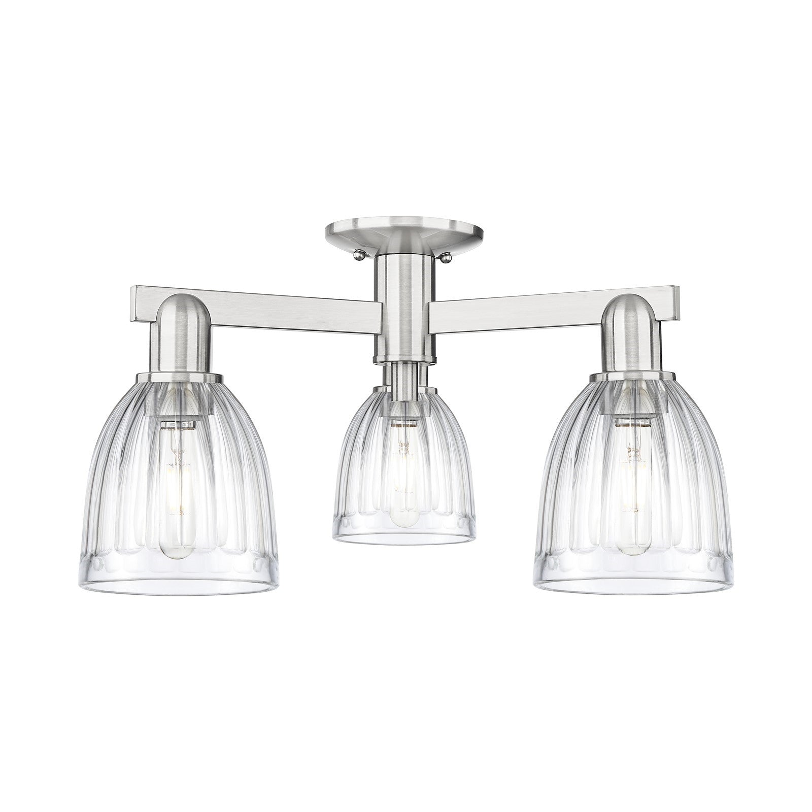 Innovations Brookfield 23in 3-Light Semi-Flush Mount | Industrial Brushed Satin Nickel Steel and Clear Ribbed Glass | Entryway & | Model 716-3F-SN-G442