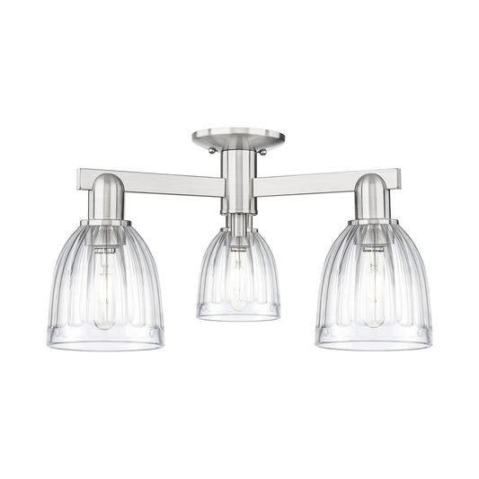 Innovations Brookfield 23in 3-Light Semi-Flush Mount | Industrial Brushed Satin Nickel Steel and Clear Ribbed Glass | Entryway & | Model 716-3F-SN-G442