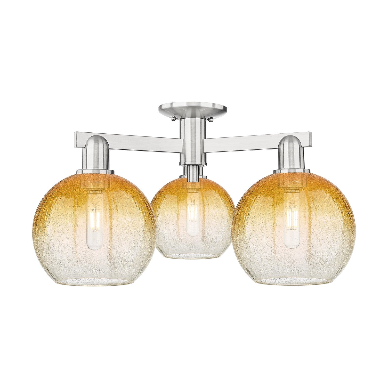 Innovations Brookhaven Globe 25.5in 3-Light Semi-Flush Mount | Industrial Brushed Satin Nickel and Amber Glass | Entryway & | Model 716-3F-SN-G483-8AM