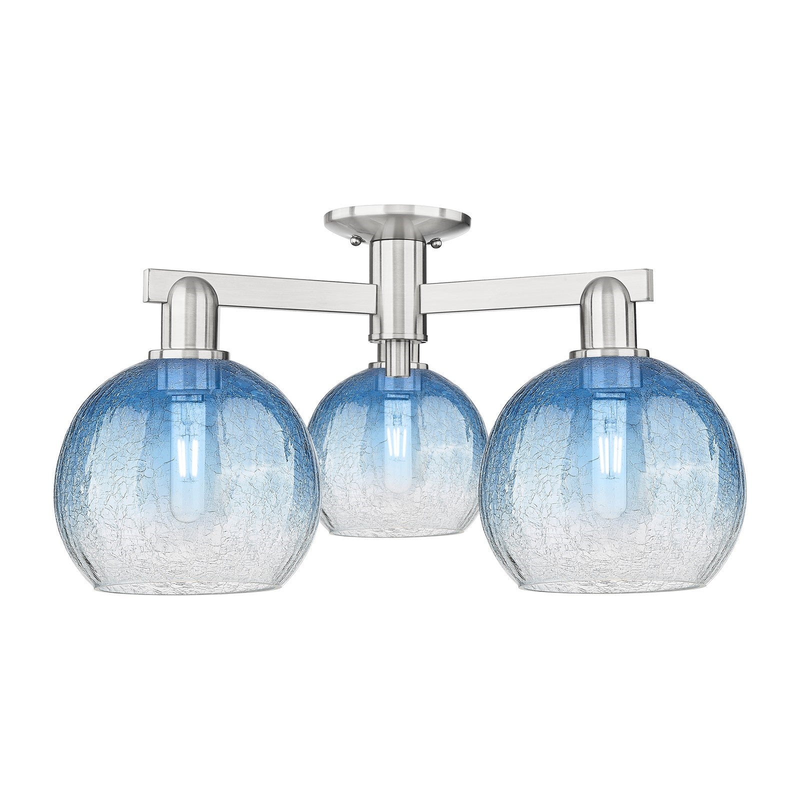 Innovations Brookhaven Globe 25.5in 3-Light Semi-Flush Mount | Industrial Brushed Satin Nickel and Sapphire Blue Glass | Living | Model 716-3F-SN-G483-8SB