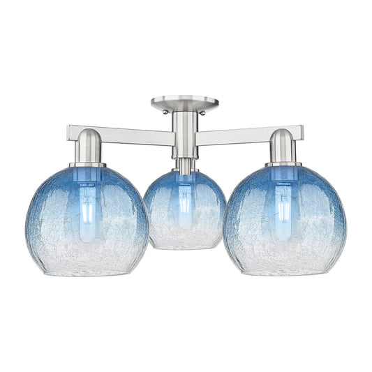 Innovations Brookhaven Globe 25.5in 3-Light Semi-Flush Mount | Industrial Brushed Satin Nickel and Sapphire Blue Glass | Living | Model 716-3F-SN-G483-8SB